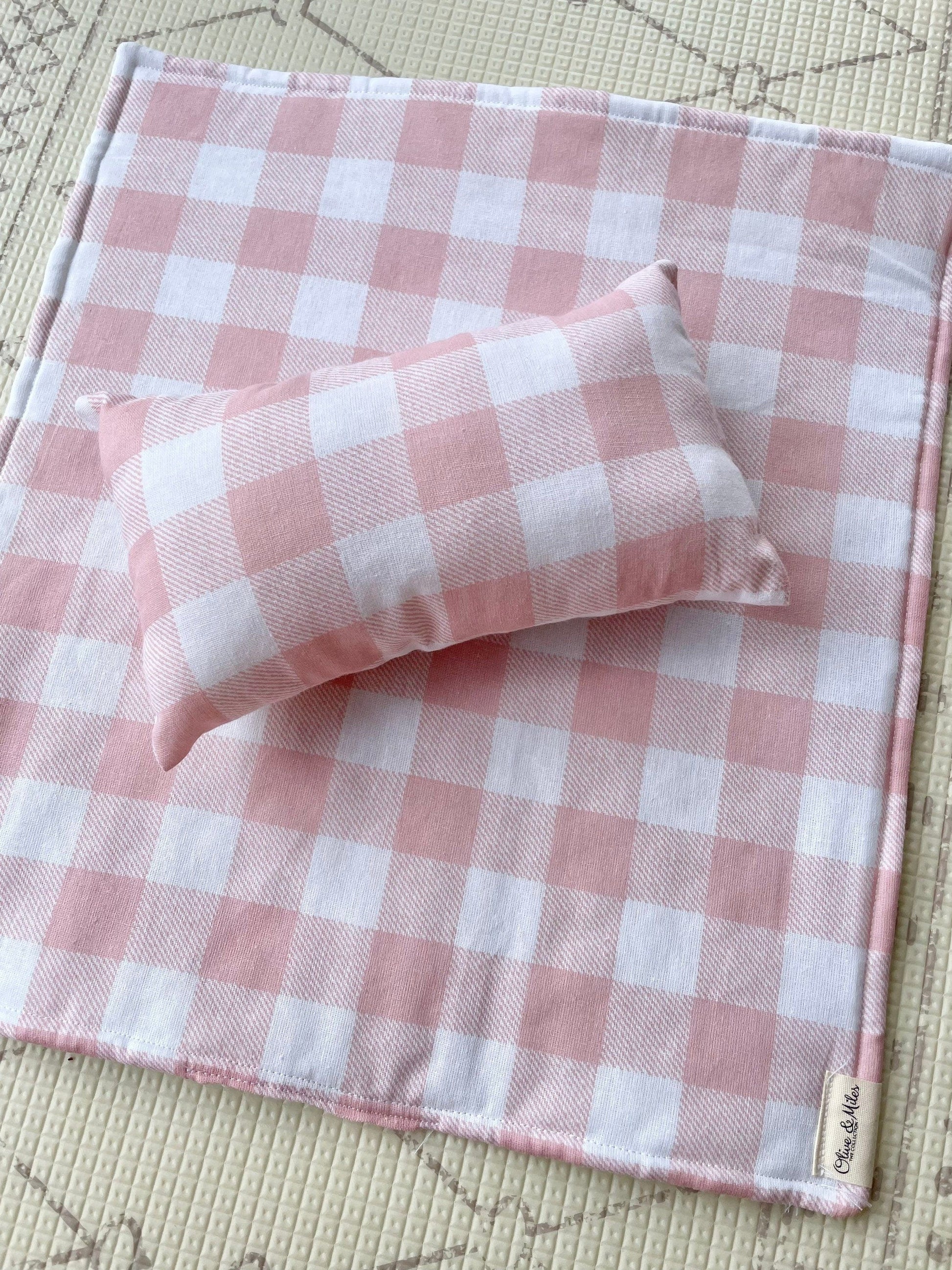 Dolls Linen Set Pink Gingham Bedding - doll crib blanket