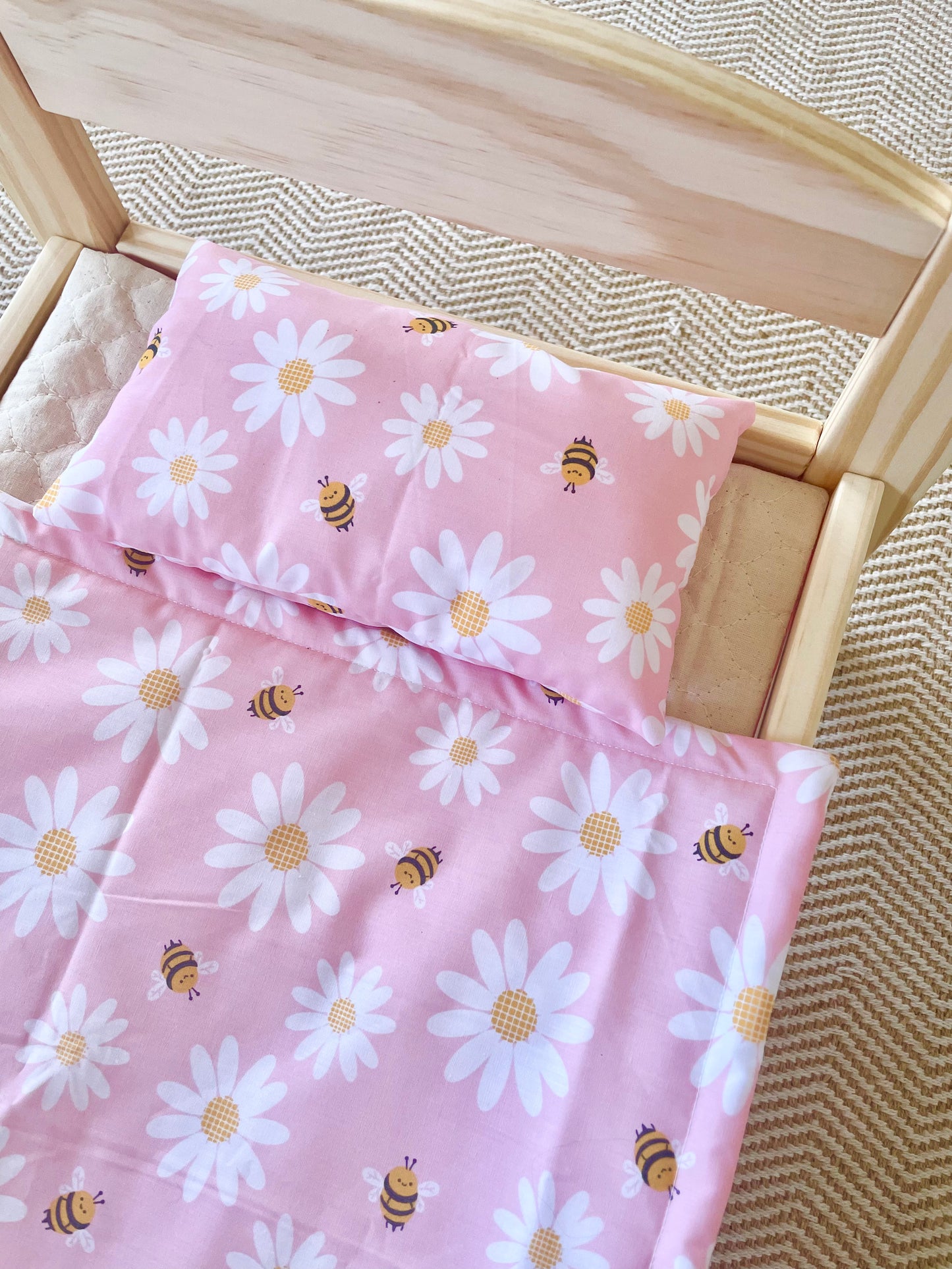 Pink Daisy Bee Doll Bedding