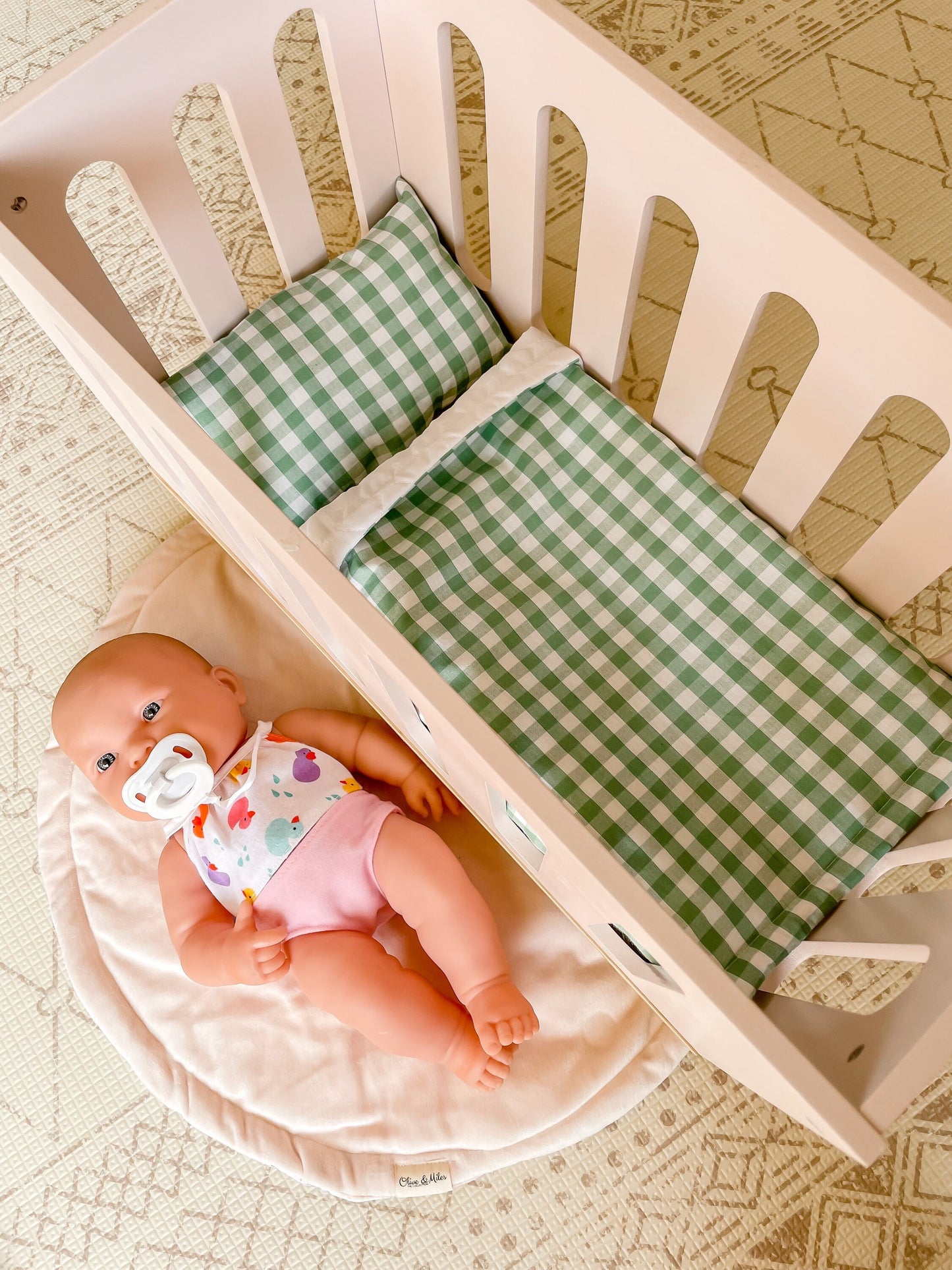 Gingham Doll Bedding | Gift for nephew | Crib sheet and pillow toy set | Doll Bed Cover Linen | Cot Blanket | Crib Bedding | Pram Pillows