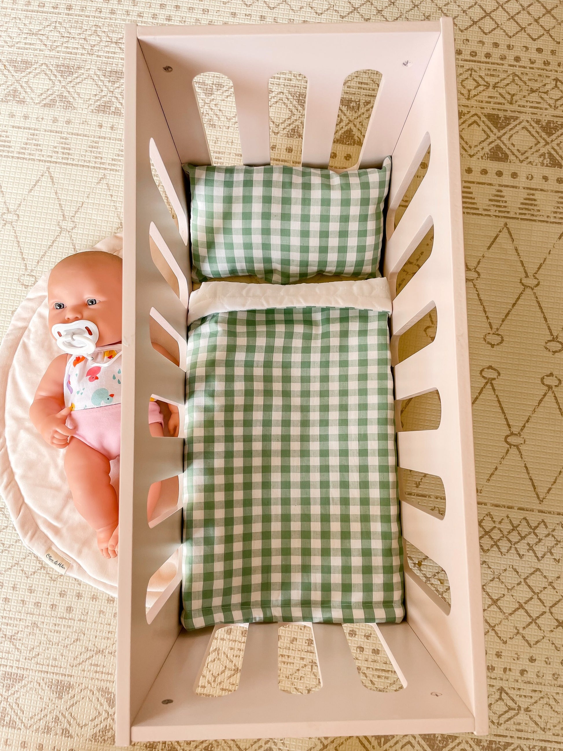 Gingham Doll Bedding | Gift for nephew | Crib sheet and pillow toy set | Doll Bed Cover Linen | Cot Blanket | Crib Bedding | Pram Pillows