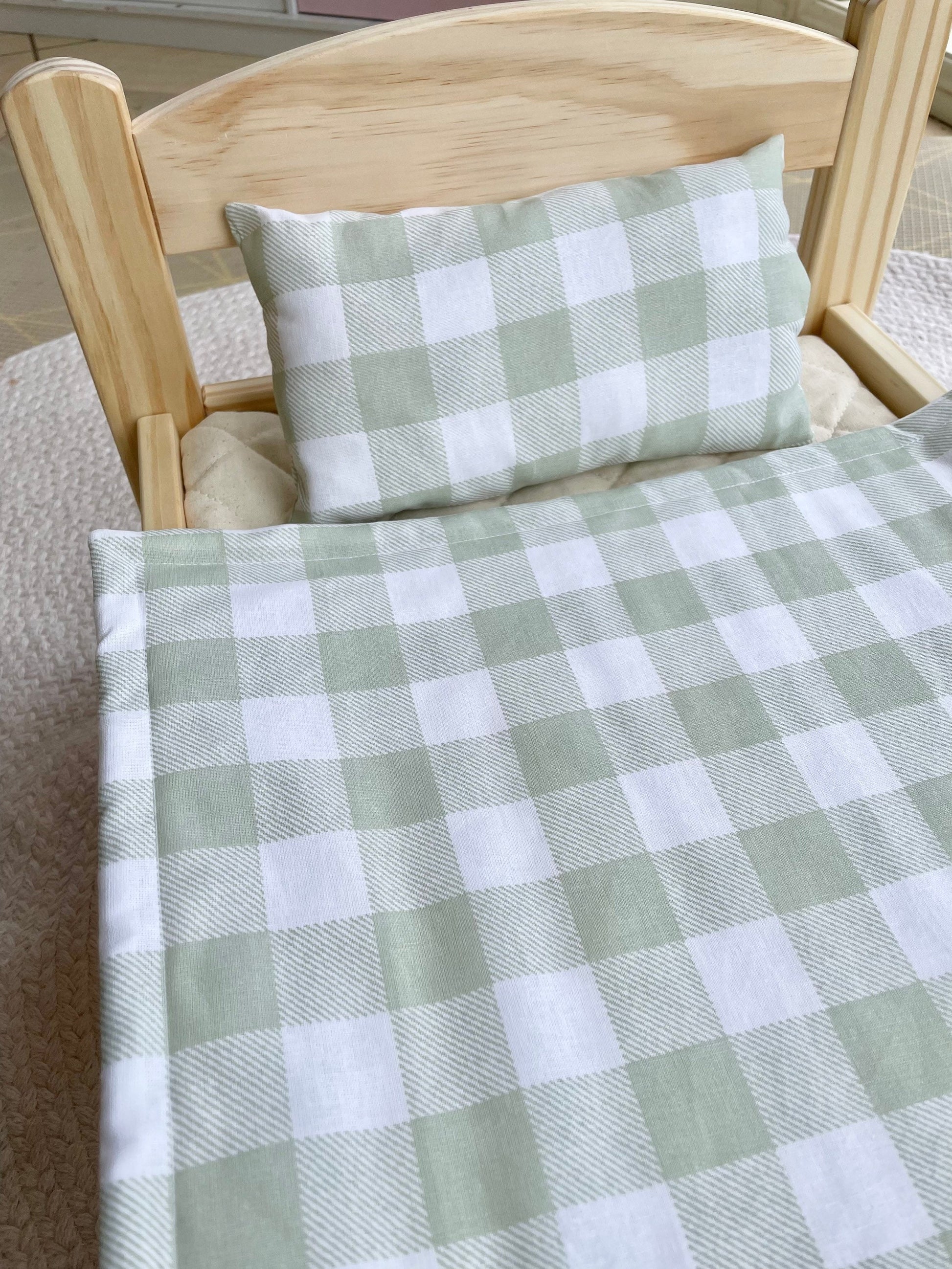 Sage Gingham Doll Bedding | Gift for nephew | Crib sheet a pillow toy set | Doll Bed Cover Linen | Cot Blanket | Crib Bedding | Pram Pillows