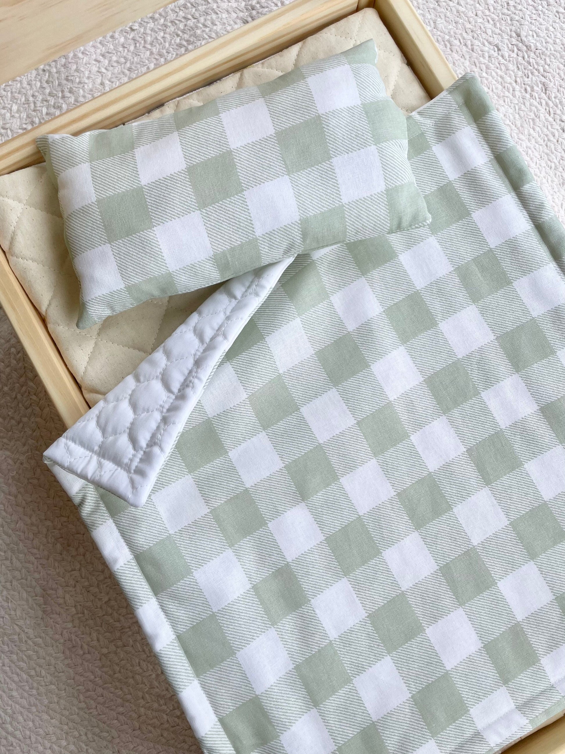 Sage Gingham Doll Bedding | Gift for nephew | Crib sheet a pillow toy set | Doll Bed Cover Linen | Cot Blanket | Crib Bedding | Pram Pillows