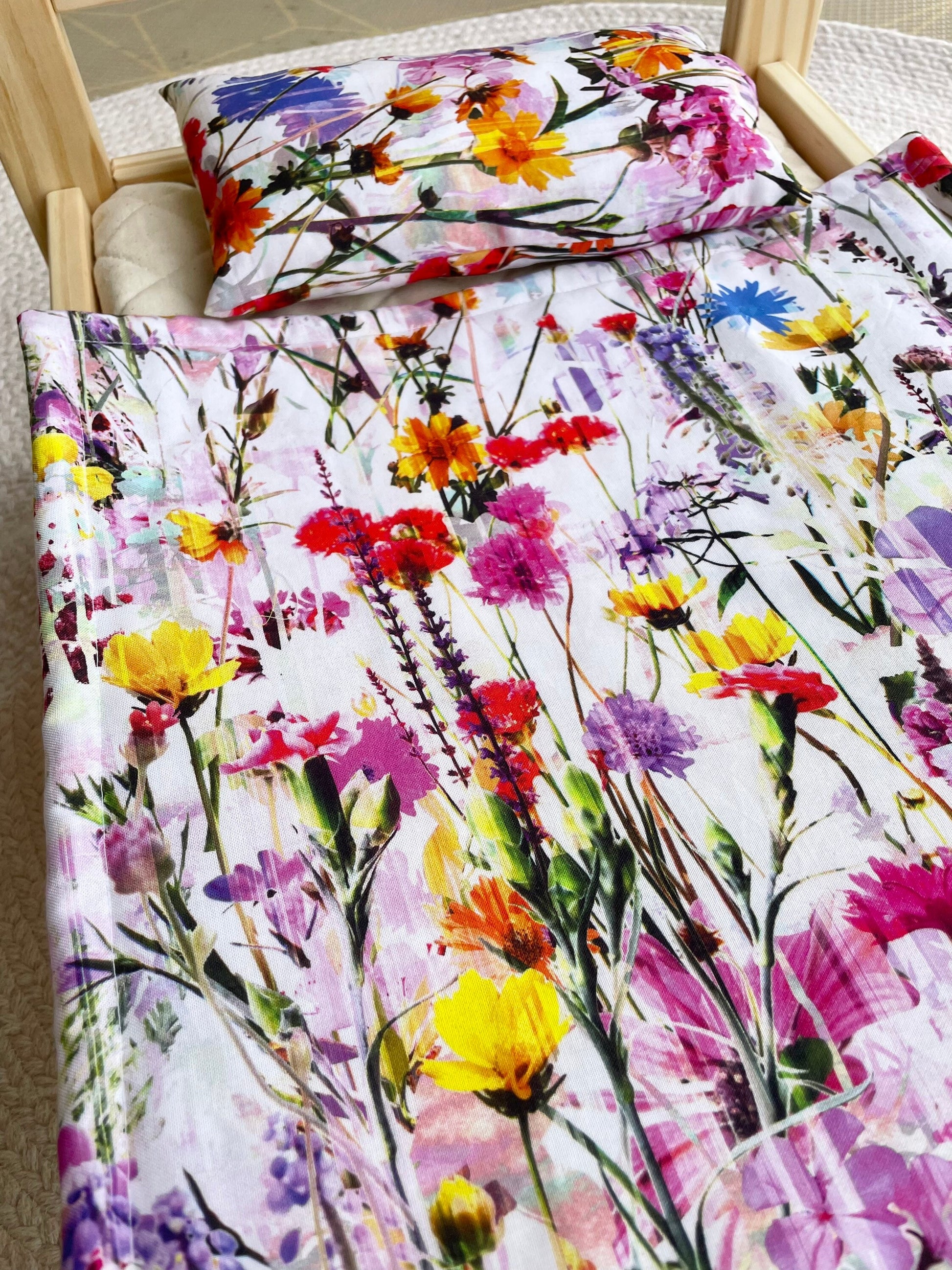 Doll Pillow & Blanket Set Floral, Flower Doll Bed, pretty cot quilt, doll doona, miniland bed cot quilt, kmart bedding pram