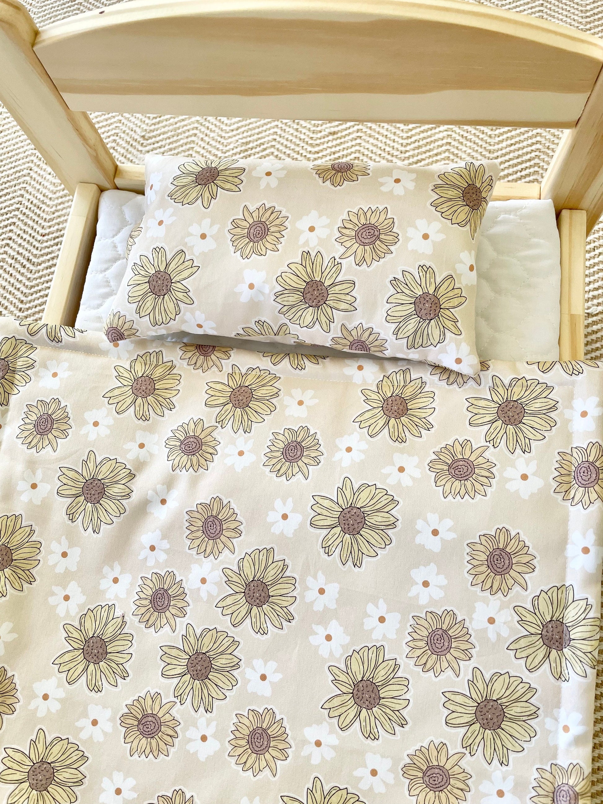 Sunflower Doll Bedding | Gift for niece | Crib sheet and pillow toy set | Doll Bed Cover Linen | Doll Cot Blanket | Crib Bedding Pram